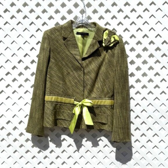 BEAUTIFUL ANN KLEIN GREEN TWEED SUIT-SKIRT SET W/ RIBBON BELT - Picture 3 of 4